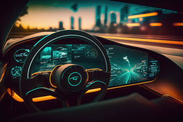 interior of futuristic autonomous car and dashboard display with many screens. generative ai
