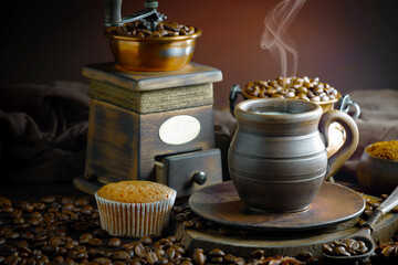 Espresso coffee with coffee beans on old background.