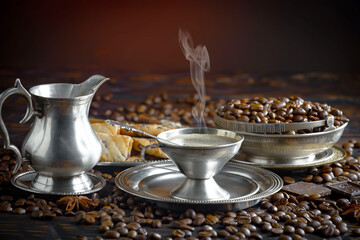 Espresso coffee with coffee beans on old background.