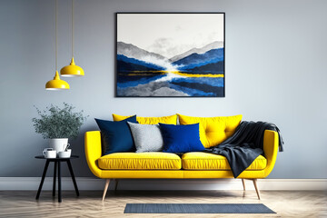 Modern living room interior with yellow sofa and blue accessories. Generative AI illustration