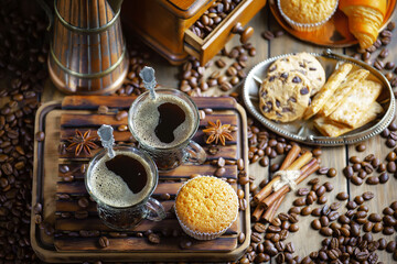 Fototapeta na wymiar Espresso coffee with coffee beans on old background.