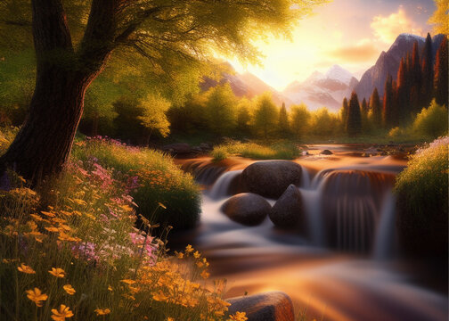 A Lake With Rocks And A Mountain In The Background, Autumn Lights, Small Water Stream, The Glimmering Orange Dawn, Hyper Realistic Absurd, Vast Expansive Landscape, Amber Glasses