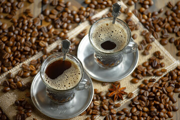 Espresso coffee with coffee beans on old background.