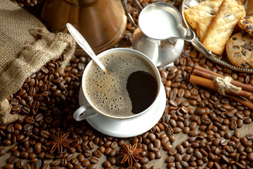 Espresso coffee with coffee beans on old background.