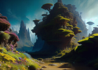a river running through a lush green forest, fantasy science fiction, valerian, stunning scene, underworld, blue trees, icewind dale, glowing moss, beautiful singularities