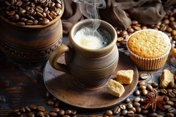 Espresso coffee with coffee beans on old background.