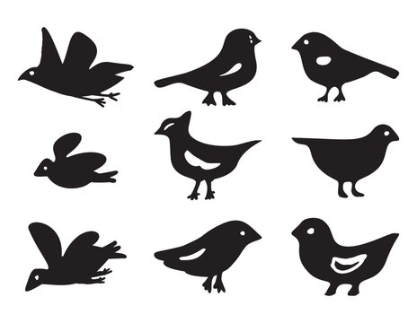 Set of vector bird motifs for cute kids illustration. Garden songbird wildlife collection. 