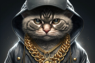 cat rapper boss in gangsta style with gold chains. Thug life concept. Generative AI illustration - obrazy, fototapety, plakaty