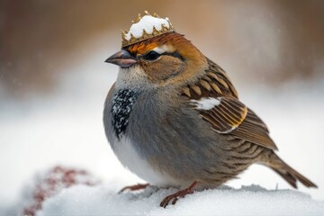 Sparrow with a Golden Crown in the Snow. Generative AI