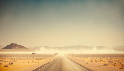 Fototapeta na wymiar route rectiligne infini dans un désert aride et sableux, ciel dégagé