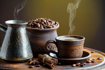 Espresso coffee with coffee beans on old background.
