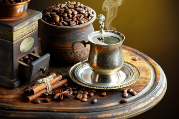 Espresso coffee with coffee beans on old background.