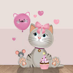 illustration of cat with cupcakes treats