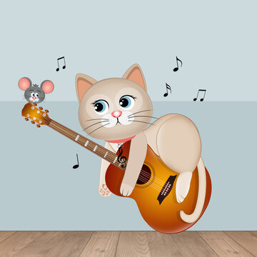 illustration of cat on guitar