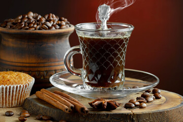 Espresso coffee with coffee beans on old background.