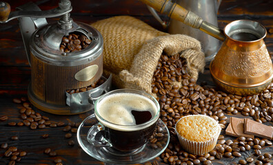 Espresso coffee with coffee beans on old background.