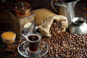 Espresso coffee with coffee beans on old background.