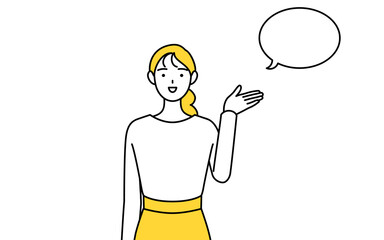 ふきだしつき、案内をするカジュアルな格好をした若い女性