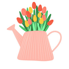Watering can with tulips, illustration in pastel colors. An isolated object that can be used as an icon or a sticker