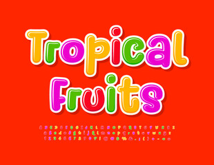 Vector bright banner Tropical Fruits. Colorful handwritten Font. Creative Alphabet Letters, Numbers and Symbols set