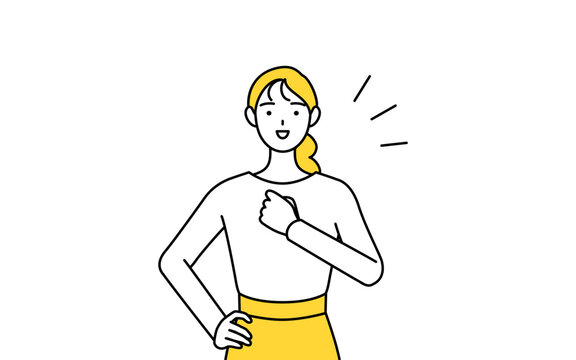 recommend clip art: 胸を叩くカジュアルな格好をした若い女性