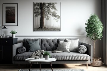 Living room with a grey sofa,. Generative AI