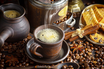 Espresso coffee with coffee beans on old background.