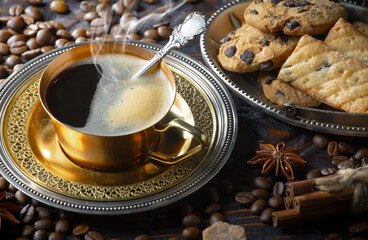 Espresso coffee with coffee beans on old background.