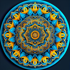 Mandala art painting. Beautiful mandala hand painted. National Ukrainian colors patterns with acrylic paints, handwork, dot painting.