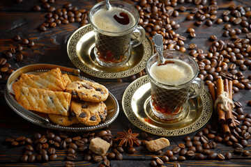 Espresso coffee with coffee beans on old background.