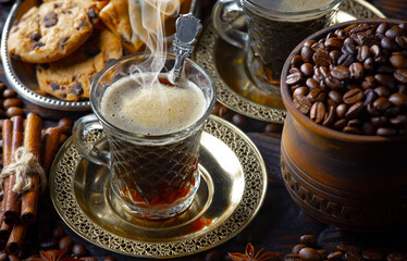 Espresso coffee with coffee beans on old background.