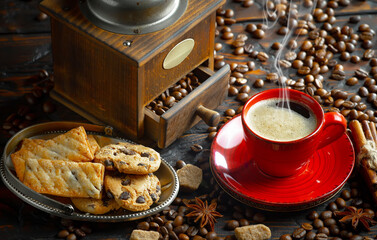 Espresso coffee with coffee beans on old background.