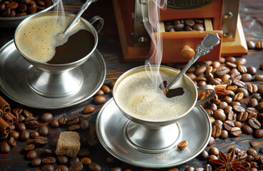 Espresso coffee with coffee beans on old background.