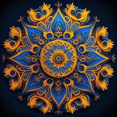 Mandala art painting. Beautiful mandala hand painted. National Ukrainian colors patterns with acrylic paints, handwork, dot painting.