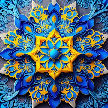 Mandala art painting. Beautiful mandala hand painted. National Ukrainian colors patterns with acrylic paints, handwork, dot painting.