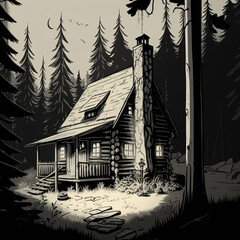 Ai generated illustration of a log Cabin home in the woods in pencil sketch format.