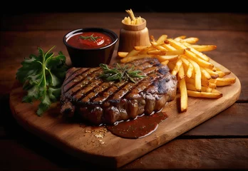 Foto op Canvas Delicious grilled gourmet perfect Steak sided by French fries and bbq sauce,. Generative AI © Michael