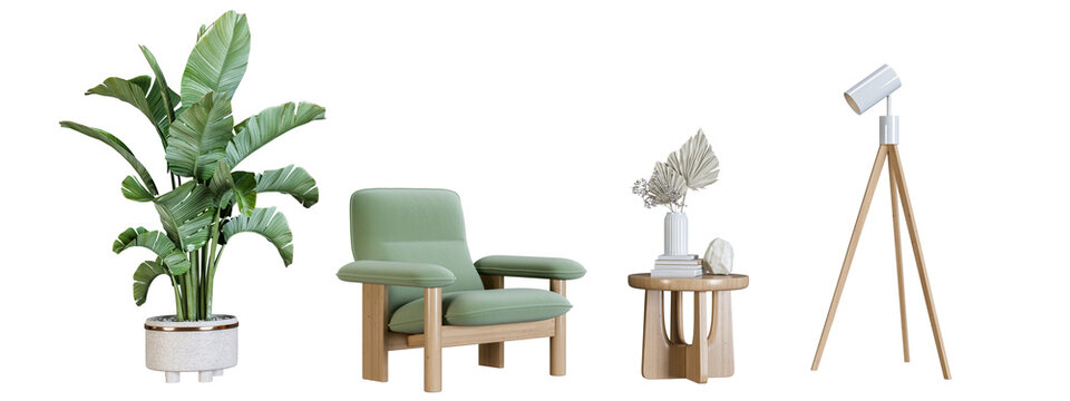 Set of interior furniture in 3d rendering. Armchair and plant in 3d rendering. 