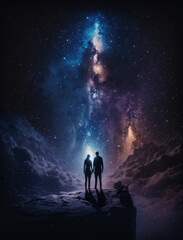 Two lovers stand on the edge of a cliff in the mountains and look at the starry sky, created with Generative AI technology.