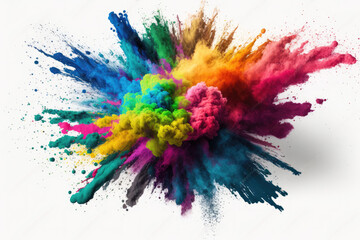 Multicolored explosion of rainbow holi powder paint isolated on white background, generative AI