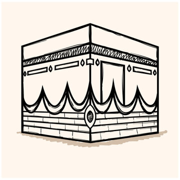 Hand drawing Kaaba of Mecca, Isolated on white background. Black and White simple line Vector Illustration for Coloring Book
