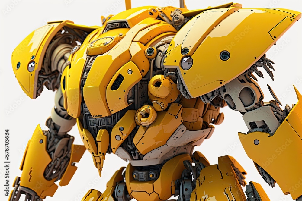 Poster close up of a yellow fighting robot on a white background. generative ai