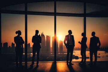 Silhouette of business team at office in the sunset made with generative ai