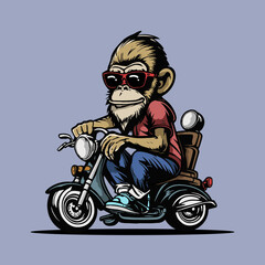 Amazing Ape Monkey Chimp Riding And Driving Motorcycle Illustration Vector Artwork
