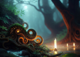 a digital painting of an octopus in a forest, eon flux, unreal engines, dragon design language