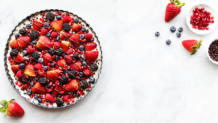 A beautiful mixed berry cheesecake tart with copy space to the right.