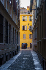 The historic via Melone in Milan, Italy