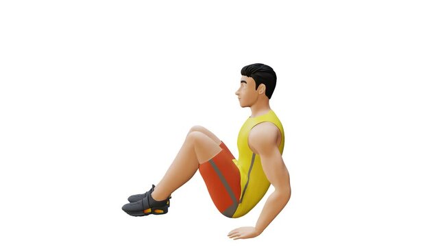 Animated character doing Knee Tuck Crunches. Knee tuck Crunch exercise in 3d animation and illustration. Perfect for fitness themed productions, health products, diet plans, weight loss. 3d Render