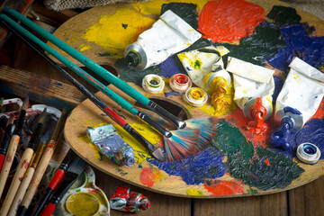 Paints and brushes for drawing. Artistic creativity.