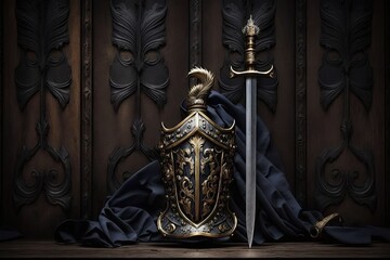 Fototapeta na wymiar Conceptual backdrop of the Middle Ages, with room for copy. On a pitch black wooden background, a shining sword, a golden crown, and protective gloves stand out. Generative AI
